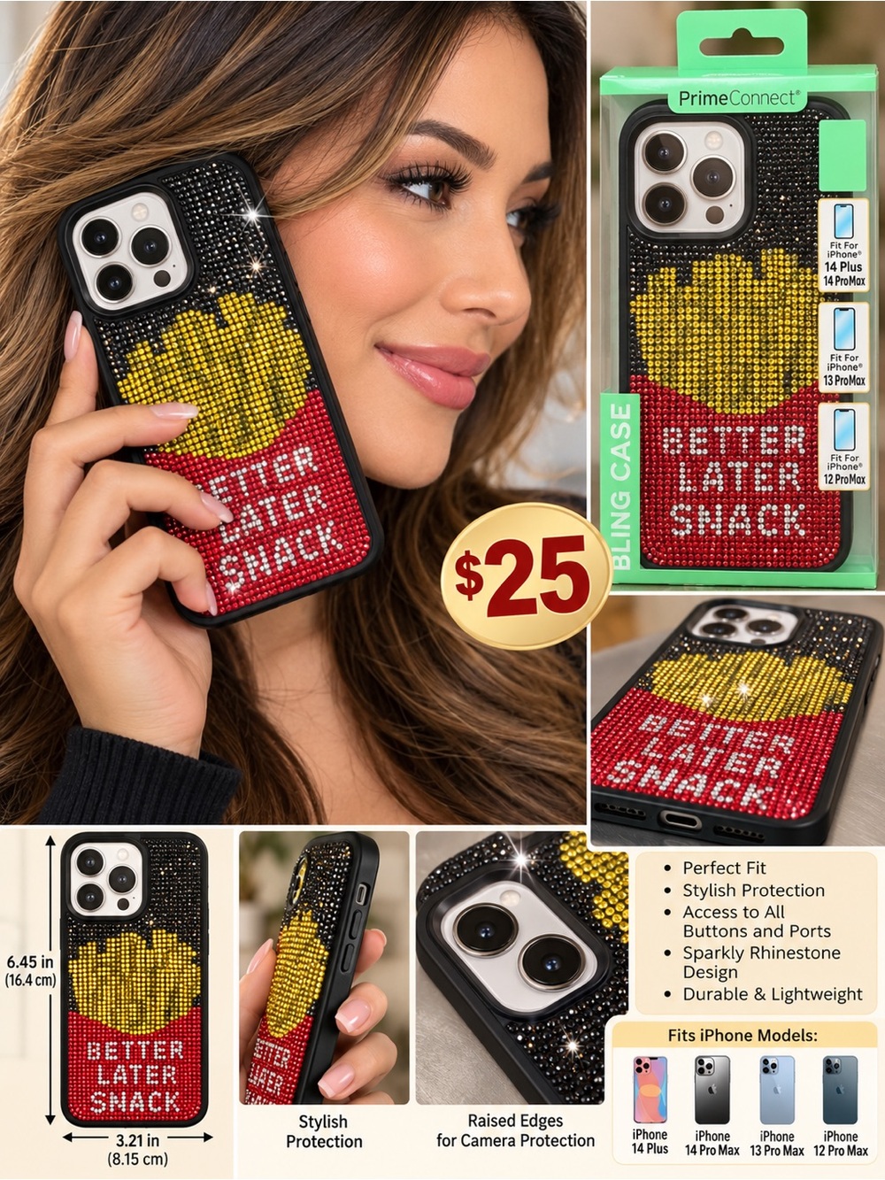 Rhinestone 'Better Later Snack' Phone Case - Black/Red/Yellow